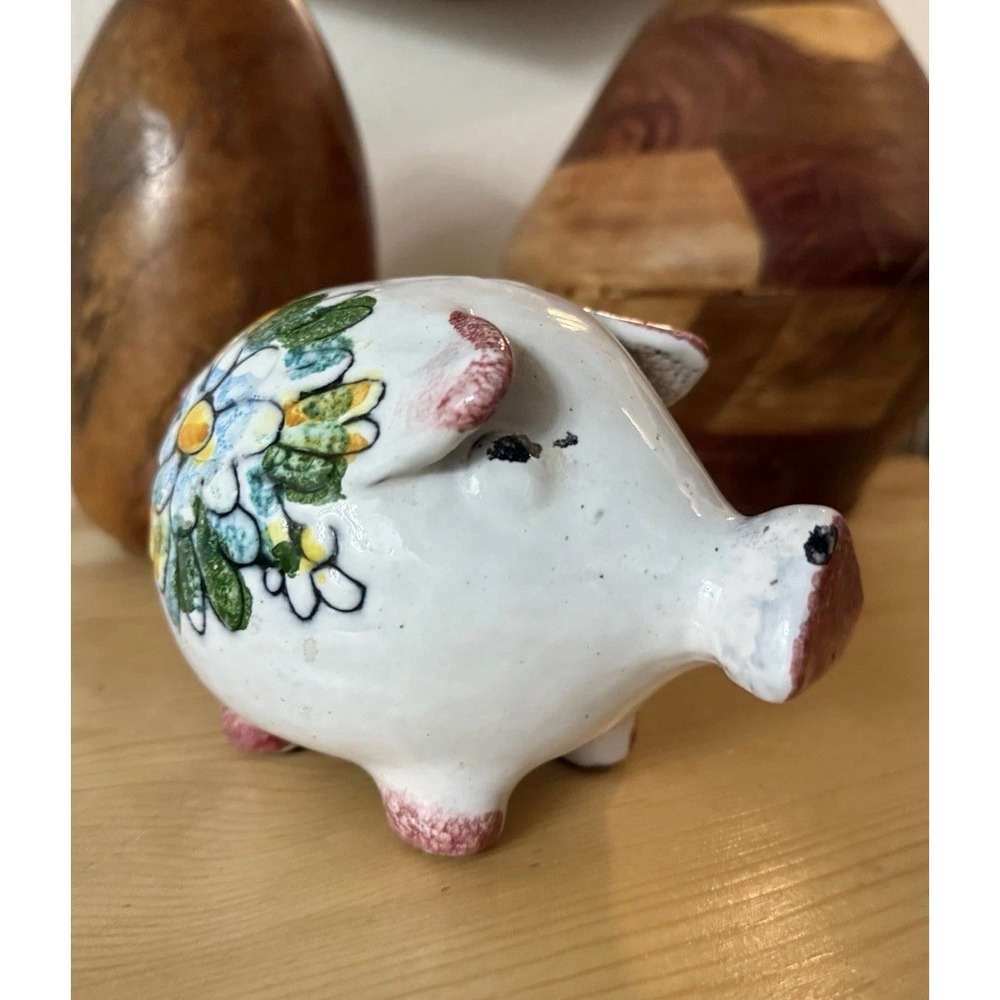 Vintage, Italian hand-painted ceramic or porcelain piggy bank, floral design 5"T